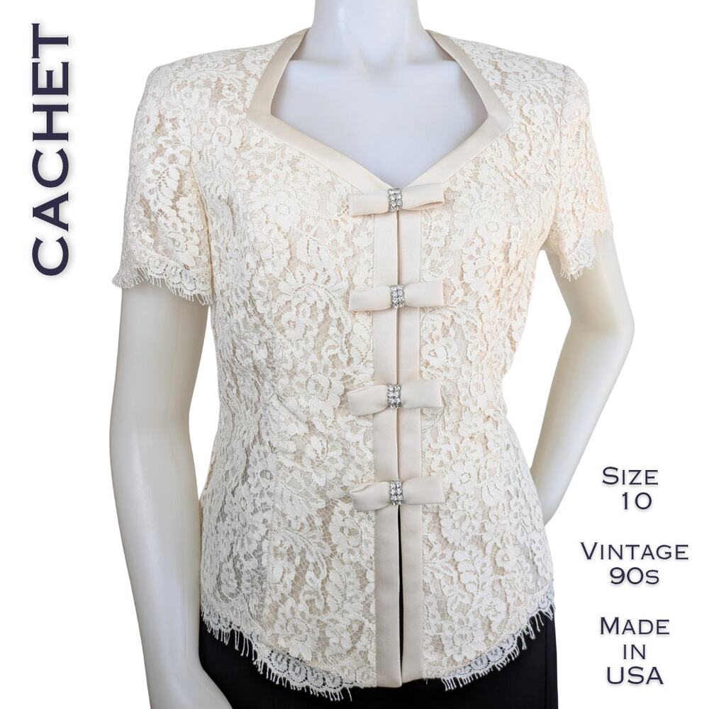 Cachet by Bari Protas Vintage 90s Blazer Style Top 10 Cream Lace Rhinestone Bows